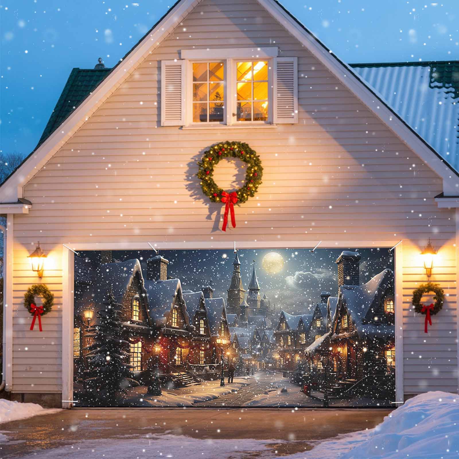 Vintage Street Winter Christmas Garage Door Decorations, 6.9x8ft Garage