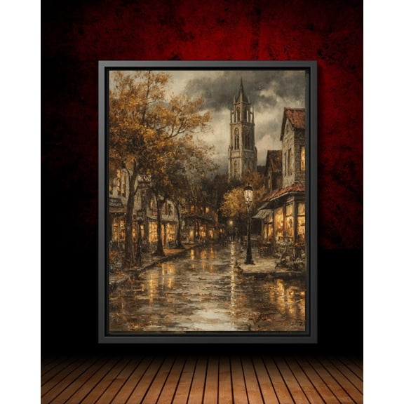 Vintage Streetscene Rainy Day Poster Gothic Dark Academia Wall Art, European Shopping Mall Artwork, Romantic Autumn Cityscape Home Decor, Unframed Poster Size 8x12