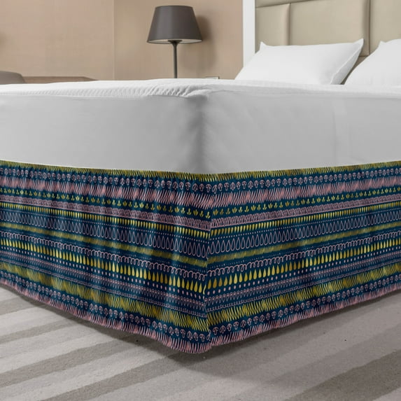 Vintage Stripe Bed Skirt, Abstract Repetition with Scribble Zigzags Drops and Spots, Elastic Bedskirt Dust Ruffle Wrap Around for Bedding Decor, 4 Sizes, Night Blue Mustard, by Ambesonne