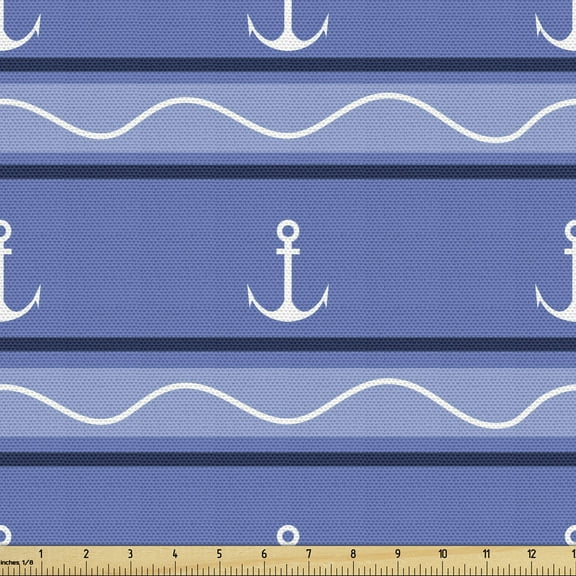 Vintage Stripe Fabric by the Yard Upholstery, Nautical Anchor Pattern Waves and Lines, Decorative Fabric for DIY and Home Accents, 3 Yards, Ceil Blue White by Ambesonne