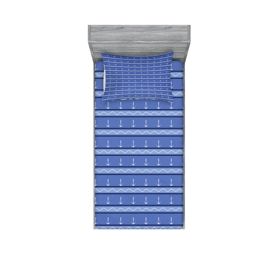 Vintage Stripe Fitted Sheet & Pillow Sham Set, Nautical Anchor Pattern Waves and Lines, Decorative Printed 4 Piece Bedding Decor Set, Twinxl, Ceil Blue White, by Ambesonne