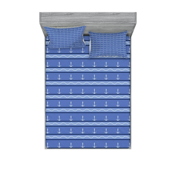 Vintage Stripe Fitted Sheet & Pillow Sham Set, Nautical Anchor Pattern Waves and Lines, Decorative Printed 6 Piece Bedding Decor Set, Queen, Ceil Blue White, by Ambesonne