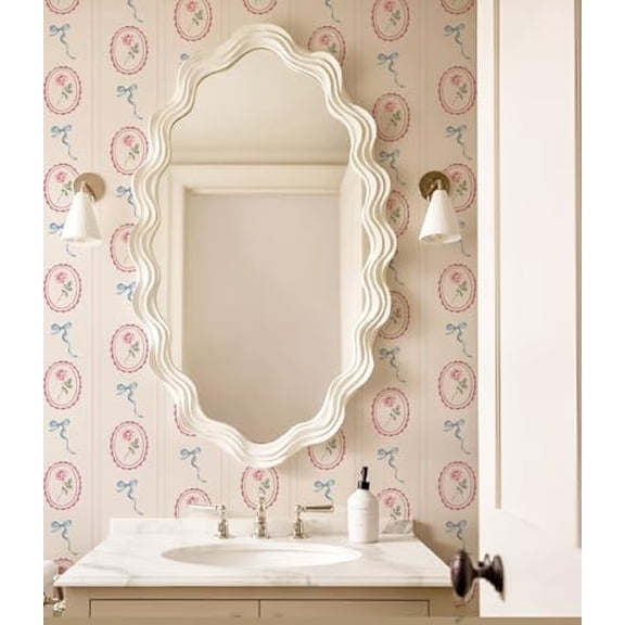 Vintage Stripe Pink Rose and Blue Bow Peel and Stick Wallpaper - French Country Cottage Inspired Temporary Wallpaper for Girls' Rooms and Nursery, Renter-Friendly for Apartments