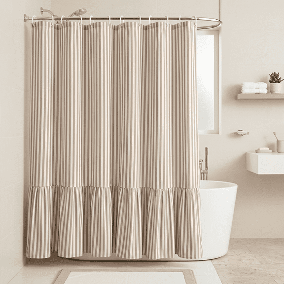 Shower Curtains with Ruffle Hem for Bathroom Farmhouse, Waterproof Fabric with 12 Hooks, Pleated Brown Stripe 72" x 72"