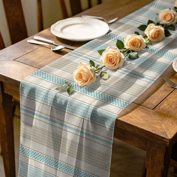 Vintage Striped 10 ft Cheesecloth Table Runner for Wedding 27"x120", Teal Brown Vertical Ticking Stripes French Country Kitchen Dinner Sheer Tulle Chiffon Dresser Scarf, Holiday Party Decorations