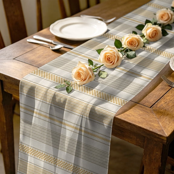 Vintage Striped 10 ft Cheesecloth Table Runner for Wedding 27"x120", Yellow Khaki Vertical Ticking Stripes French Country Kitchen Dinner Sheer Tulle Chiffon Dresser Scarf, Holiday Party Decorations