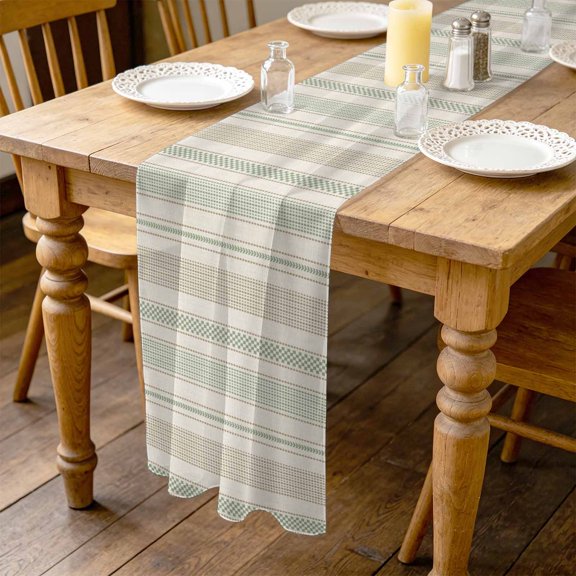Vintage Striped 10ft Cheesecloth Table Runner for Wedding 27"x120", Green Khaki Vertical Ticking Stripes French Country Kitchen Dinner Sheer Tulle Chiffon Dresser Scarf, Holiday Party Decorations