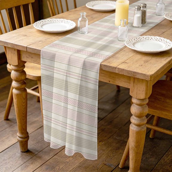 Vintage Striped 10ft Cheesecloth Table Runner for Wedding 27"x120", Pink Khaki Vertical Ticking Stripes French Country Kitchen Dinner Sheer Tulle Chiffon Dresser Scarf, Holiday Party Decorations