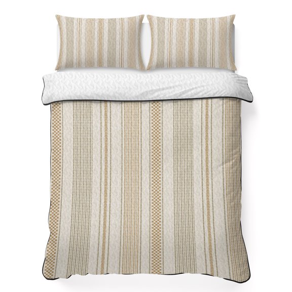 Vintage Striped 3 Piece Quilt Bedding Set with 2 Pillow Shams, Brown Khaki Vertical Ticking Stripes French Country Lightweight Bedspread Coverlet, Soft Breathable All Season Quilt, 68 x 86 Inch