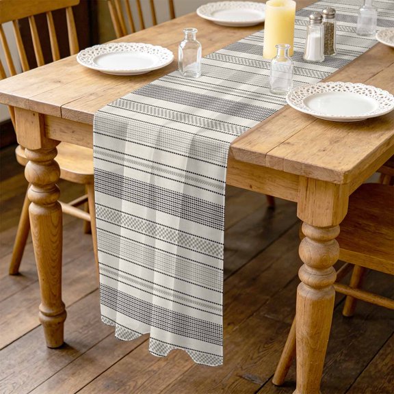 Vintage Striped 4.5ft Cheesecloth Table Runner for Wedding 19"x55", Black Khaki Vertical Ticking Stripes French Country Kitchen Dinner Sheer Tulle Chiffon Dresser Scarf, Holiday Party Decorations