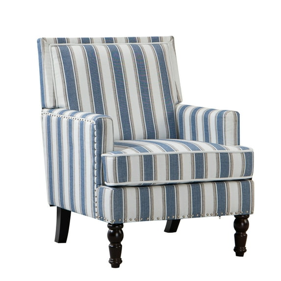 Vintage Striped Accent Armchair, Comfy Upholstered Reading Chair with Nail-Head Trim, Farmhouse Sofa Chair, Single Corner Chair for Living Room Bedroom Guest Room, Blue and White