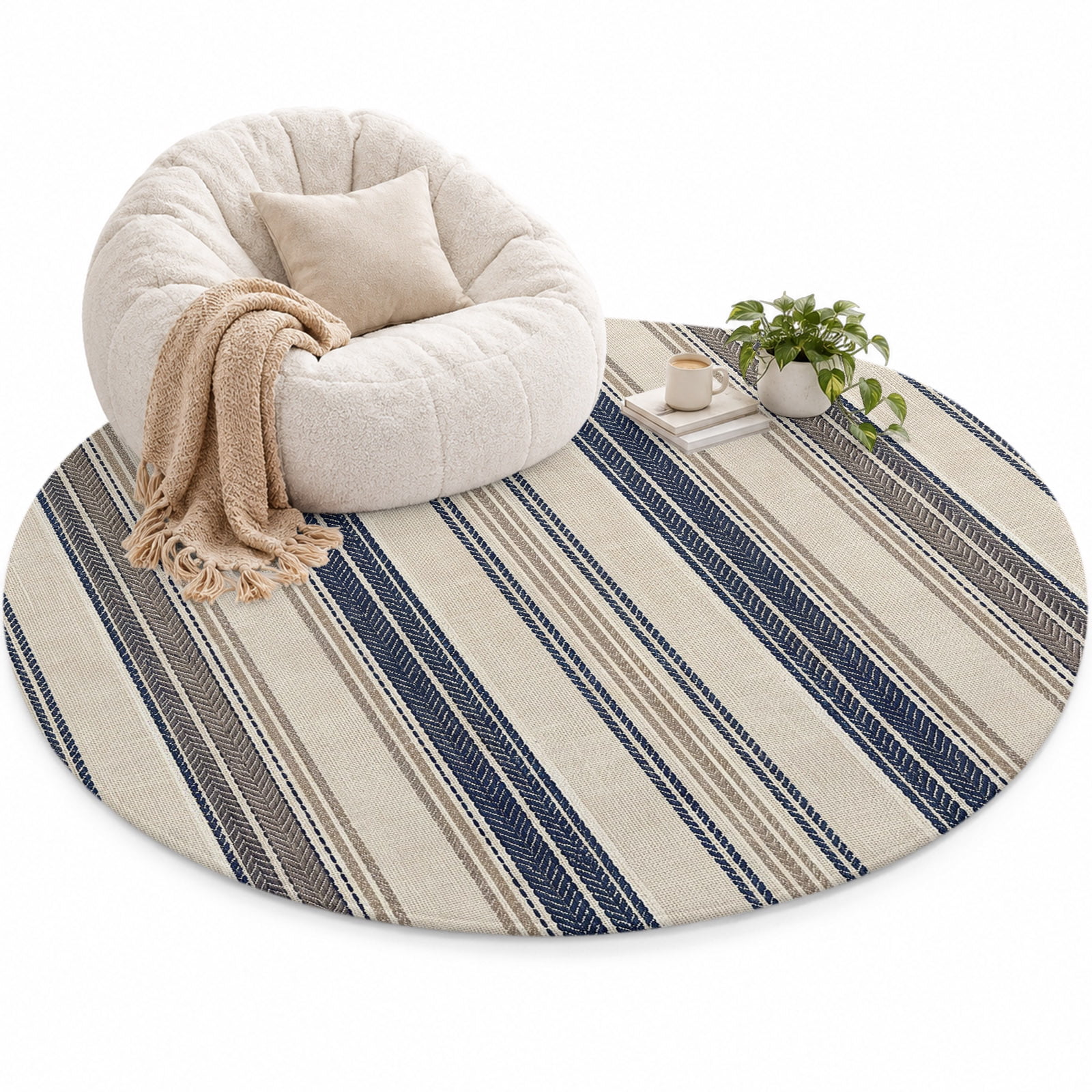 Vintage Striped Area Rug 4', Blue and Grey Vertical Stripes Texture ...