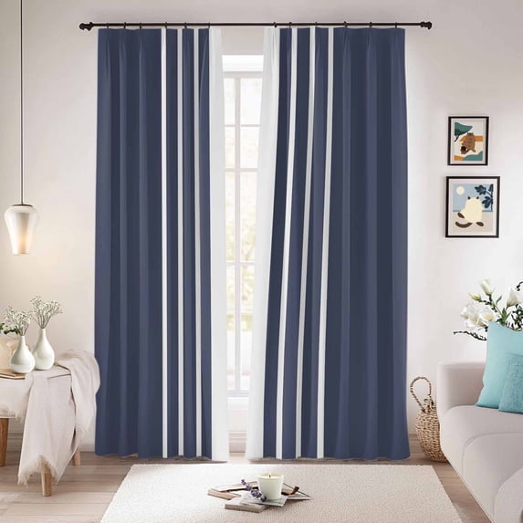 Vintage Striped Blackout Curtains for Bedroom/Living Room, Pinch Pleated Black Out Curtains, Midnight Blue Modern Simple Lines Room Darkening Window Drapes with Hooks 2 Panels, 39"x70"