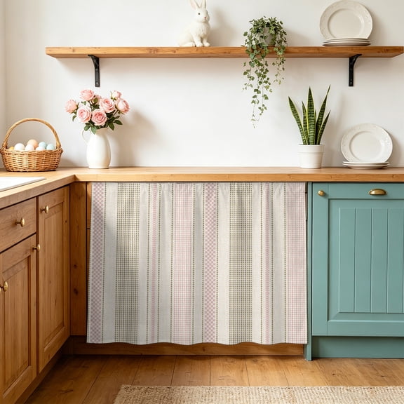 Vintage Striped Cabinet Curtains 28" W x 35" L, Pink Khaki Vertical Ticking Stripes French Country Under-Desk Privacy Dust Proof Drape Dishwasher Curtain Sink Skirt for Kitchen Closet Bathroom