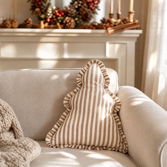 Vintage Striped Christmas Tree Shaped Throw Pillow, 14.57 x 13.78 Inch Ruffled Stuffed Accent, Holiday Sofa Couch Bedroom Decor, Brown And Cream Striped