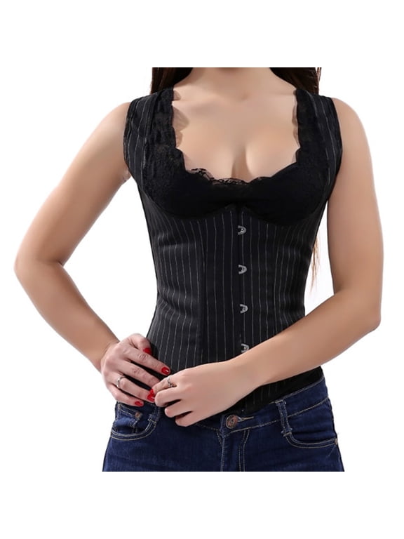 Vintage Striped Corset Underbust with Straps Women Black L