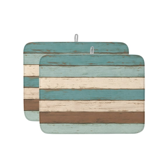 Vintage Striped Dish Drying Mat 18x24 inch Teal Brown Wood Grain Stripes Country Shabby Chic Super Absorbent Microfiber Dish Drying Pad for Kitchen Countertops Sink Dish Drainer Racks 2 Pack
