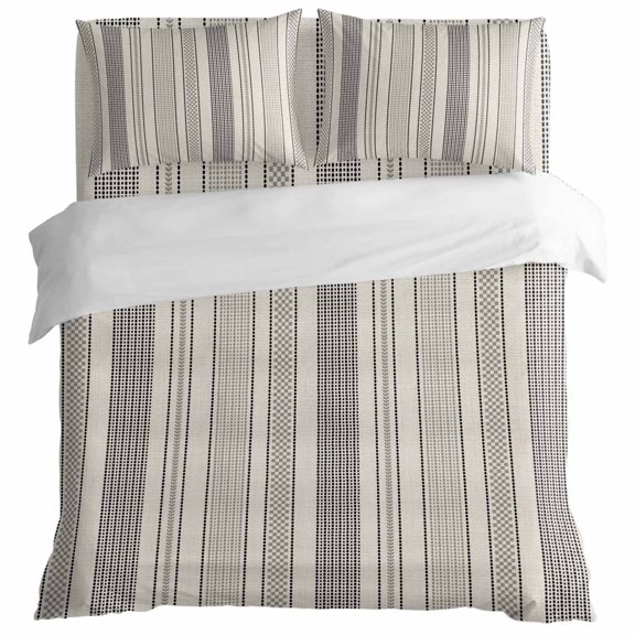 Vintage Striped Duvet Cover Set Full Size, Black Khaki Vertical Ticking Stripes French Country 4 Piece Bedding Set with Zipper Closure & Corner Ties Soft Breathable Comforter Cover for Bedroom