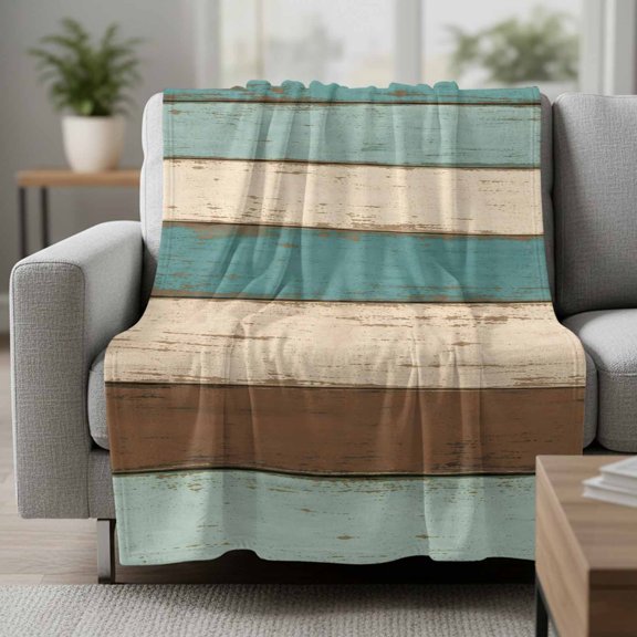 Vintage Striped Fleece Throw Blanket Lightweight Teal Brown Wood Grain Stripes Country Shabby Chic Fuzzy Flannel Throws Super Soft Cozy Flannel Blanket for Couch, Sofa, Bed, Travel 50"x80"