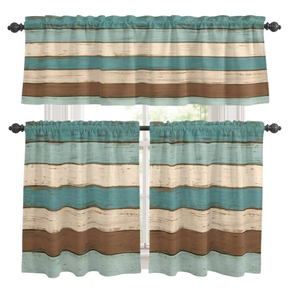 Vintage Striped Kitchen Curtains Valances 3 Piece Set, Teal Brown Wood Grain Stripes Country Shabby Chic Rod Pocket Tier Curtain and Valance Drapes for Small Window 24 Inch Length for Bedroom Cafe