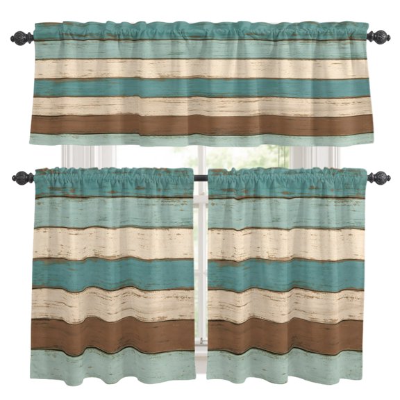 Vintage Striped Kitchen Curtains Valances 3 Piece Set, Teal Brown Wood Grain Stripes Country Shabby Chic Rod Pocket Tier Curtain and Valance Drapes for Small Window 36 Inch Length for Bedroom Cafe