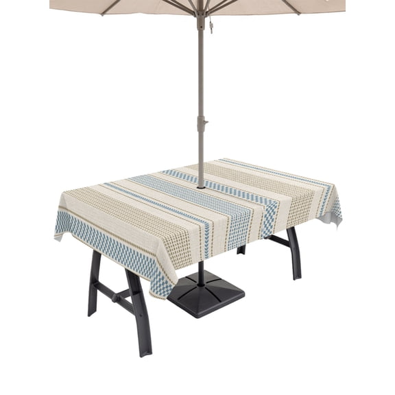 Vintage Striped Outdoor Rectangle Tablecloth with Umbrella Hole 60"x102", Blue Brown Vertical Ticking Stripes French Waterproof Zippered Table Cloth Wrinkle Free Wipeable Desk Covers for Patio