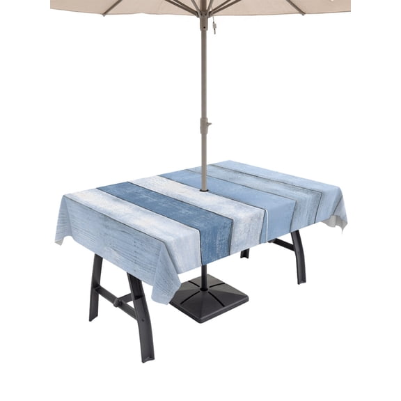 Vintage Striped Outdoor Rectangle Tablecloth with Umbrella Hole 60"x102", Denim Blue Wood Grain Stripes Country Shabby Chic Waterproof Zippered Table Cloth Wrinkle Free Wipeable Desk Covers for Patio