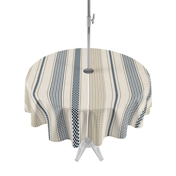 Vintage Striped Outdoor Round Tablecloth with Umbrella Hole 60", Navy Blue Brown Vertical Ticking Stripes French Country Waterproof Zippered Table Cloth Wrinkle Free Wipeable Desk Covers for Patio