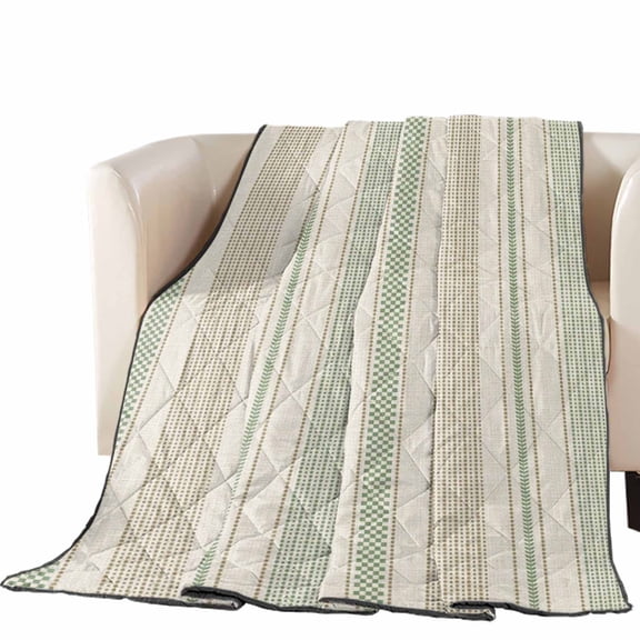 Vintage Striped Quilted Comforters Cooling Blanket Queen Size, Green Khaki Vertical Ticking Stripes French Country Cold Comfort for Hot Sleepers Lightweight Air Conditioning Quilt Blanket for Bed