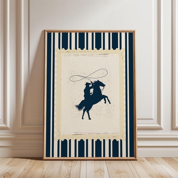 Vintage Striped Rodeo Poster Western Bedroom Poster Cowboy Wall Art Navy Rustic Mid West Mid Century Modern Retro Horse Aesthetic Poster, Unframed Canvas Size 12x18