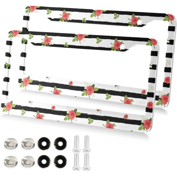 Vintage Striped Roses License Plate Frame - 2 Pack Universal Stainless Steel License Plate Holder with Screws & Chrome Caps, 2 Holes Car License Plate Cover for US Vehicles Home Decor