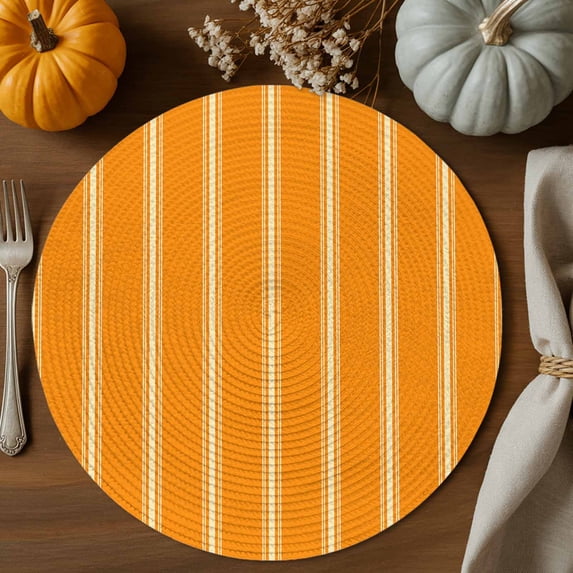 Vintage Striped Round Braided Placemats Set of 1, Orange Yellow Stripes Simple Country Heat Insulation Place Mats Washable Non-Slip Table Mats for Kitchen Dining Party, 13 Inches