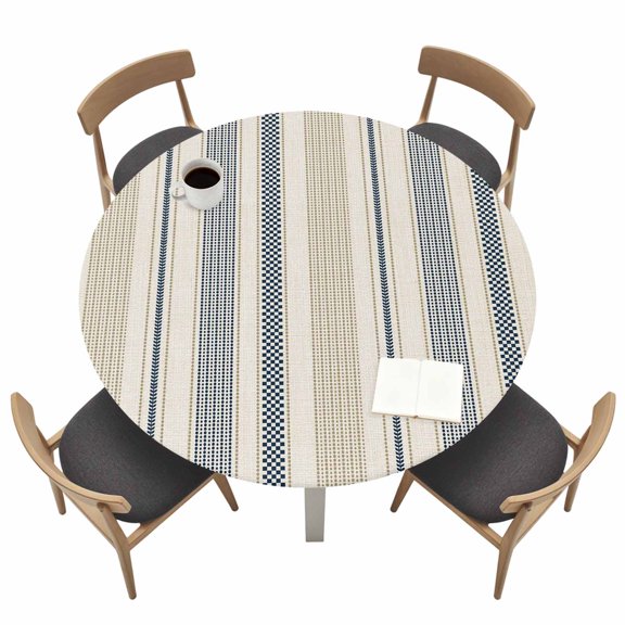 Vintage Striped Round Fitted Table Cover Navy Blue Brown Vertical Ticking Stripes French Country Waterproof Table Cloth with Elastic Edge Wipeable Tablecloth for Picnic Camping Fits 55"-60" Tables