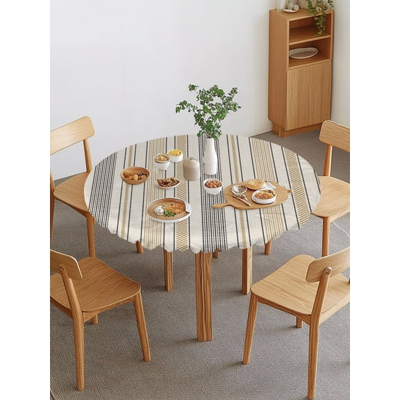 Vintage Striped Round Fitted Tablecloth with Elastic Edge, Taupe Brown Vertical Ticking Stripes French Country Waterproof Stretch Table Covers for 36"-44" Tables Wipeable Table Cloth for Outdoor
