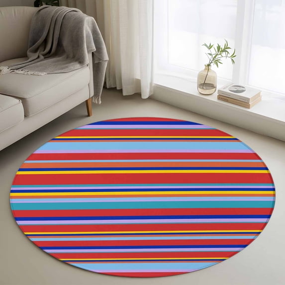 Vintage Striped Round Living Room Rugs 4 ft, Country Red Blue Colorful Stripes Washable Area Rug with Non-Slip Sturdy Edge Binding Round Carpet for Entryway Kitchen Bedroom Bathroom