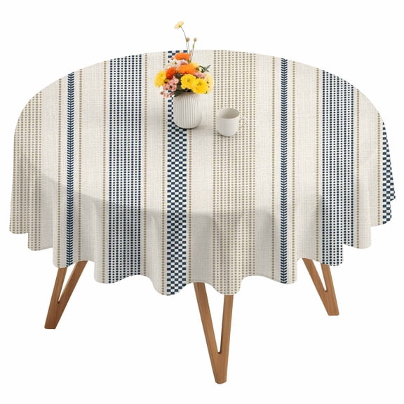 Vintage Striped Round Tablecloth 54 inches Navy Blue Brown Vertical Ticking Stripes French Country Waterproof Oil-Proof Table Cloth Round Table Cover for Holiday Party Picnic Dinner Decor