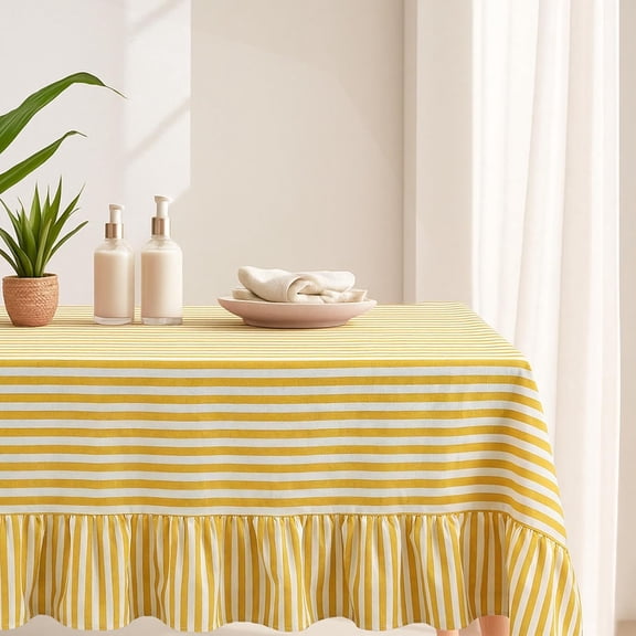 Vintage Striped Ruffled Tablecloth 60 x 120 Inches Cotton Linen Rectangle Table Cover for Holiday Party