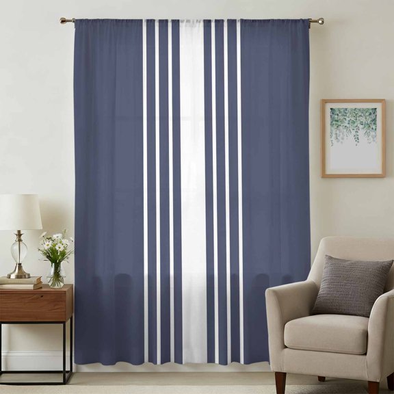 Vintage Striped Sheer Curtains 54 Inches Long, Midnight Blue Modern Simple Lines Light Filering Curtains, Breathable Simi Curtain Privacy Drapes for Kitchen Bathroom Small Window Treatment