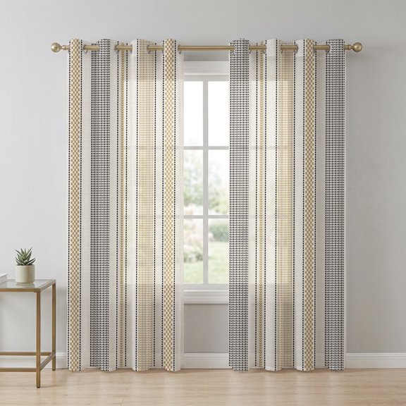 Vintage Striped Sheer Curtains 63 Inch Long 2 Panels, Taupe Brown Vertical Ticking Stripes French Country Light Filtering Semi Sheer Drapes Grommet Voile Window Curtain for Living Bedroom W52 x L63