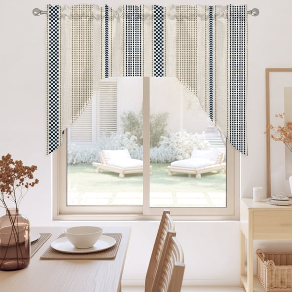 Vintage Striped Swag Valance for Windows, Navy Blue Brown Vertical Ticking Stripes French Country Swag Curtains Valances for Small Window Treatment Rod Pocket for Kitchen Bathroom 1 Panel 56x36in