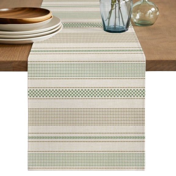 Vintage Striped Table Runner, Green Khaki Vertical Ticking Stripes French Country Cotton Linen Table Cloth, Tablerunner for Kitchen Dining Party Wedding Home Decor 13x36 Inch