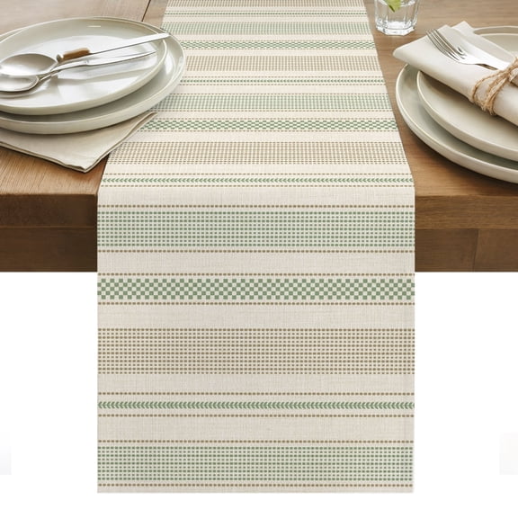 Vintage Striped Table Runner, Green Khaki Vertical Ticking Stripes French Country Washable Kitchen Table Runners for Dining Table Decorations Party/Restaurant/Indoor Outdoor Use, 13x48in