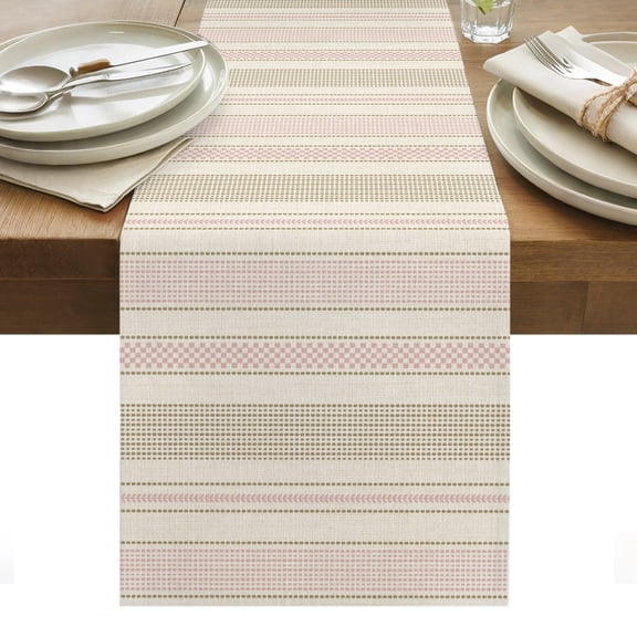 Vintage Striped Table Runner, Pink Khaki Vertical Ticking Stripes French Country Washable Kitchen Table Runners Dress Scarves for Dining Table Decorations Party/Restaurant/Indoor Outdoor Use, 13x36in