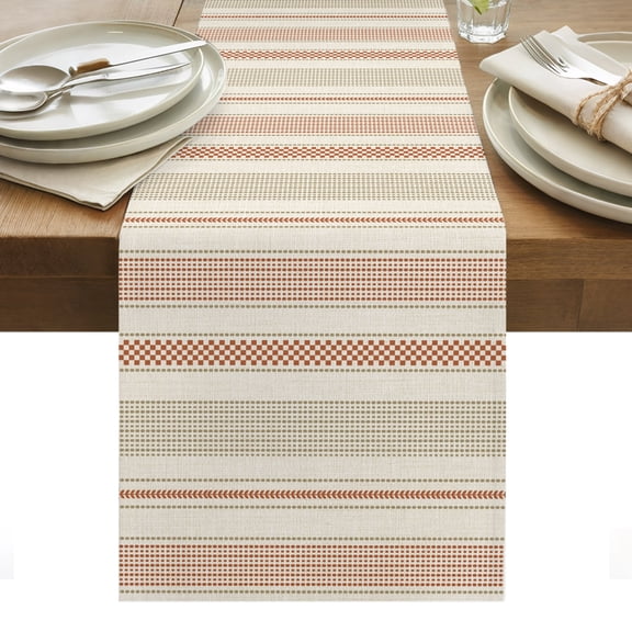 Vintage Striped Table Runner, Terracotta Khaki Vertical Stripes French Country Washable Kitchen Table Runners Dress Scarves for Dining Table Decorations Party/Restaurant/Indoor Outdoor Use, 13x36in