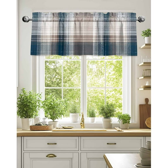 Vintage Striped Texture Valances for Windows,Kitchen Valance Rod Pocket Short Curtain,Blue Brown Color Block Valance Curtain Window Valances for Bedroom Living Room 54x18in