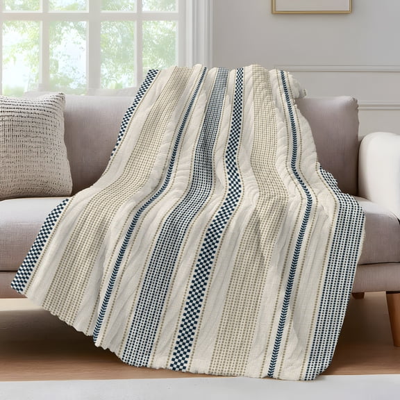 Vintage Striped Throw Blanket for Couch Navy Blue Brown Vertical Ticking Stripes French Country Soft and Warm Flannel 3D Striped Fluffy Fleece Blanket Lightweight Throw for Bed, Sofa 30 x 40 Inches
