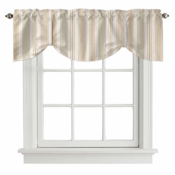 Vintage Striped Tie Up Valances Curtain, Brown Khaki Vertical Ticking Stripes French Country Adjustable Valance for Window Light Filtering for Kitchen and Bathroom Rod Pocket 1 Panel 42x12in