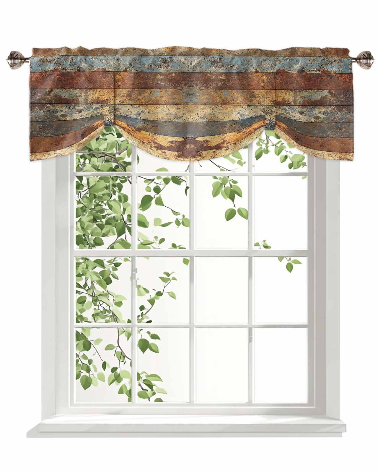 Vintage Striped Tie Up Valances Curtain, Rust Mottled Texture Distressed Kitchen Valances for Windows Decor, Rod Pocket Short Curtains Set for Bedroom/Bathroom, 54"x18"