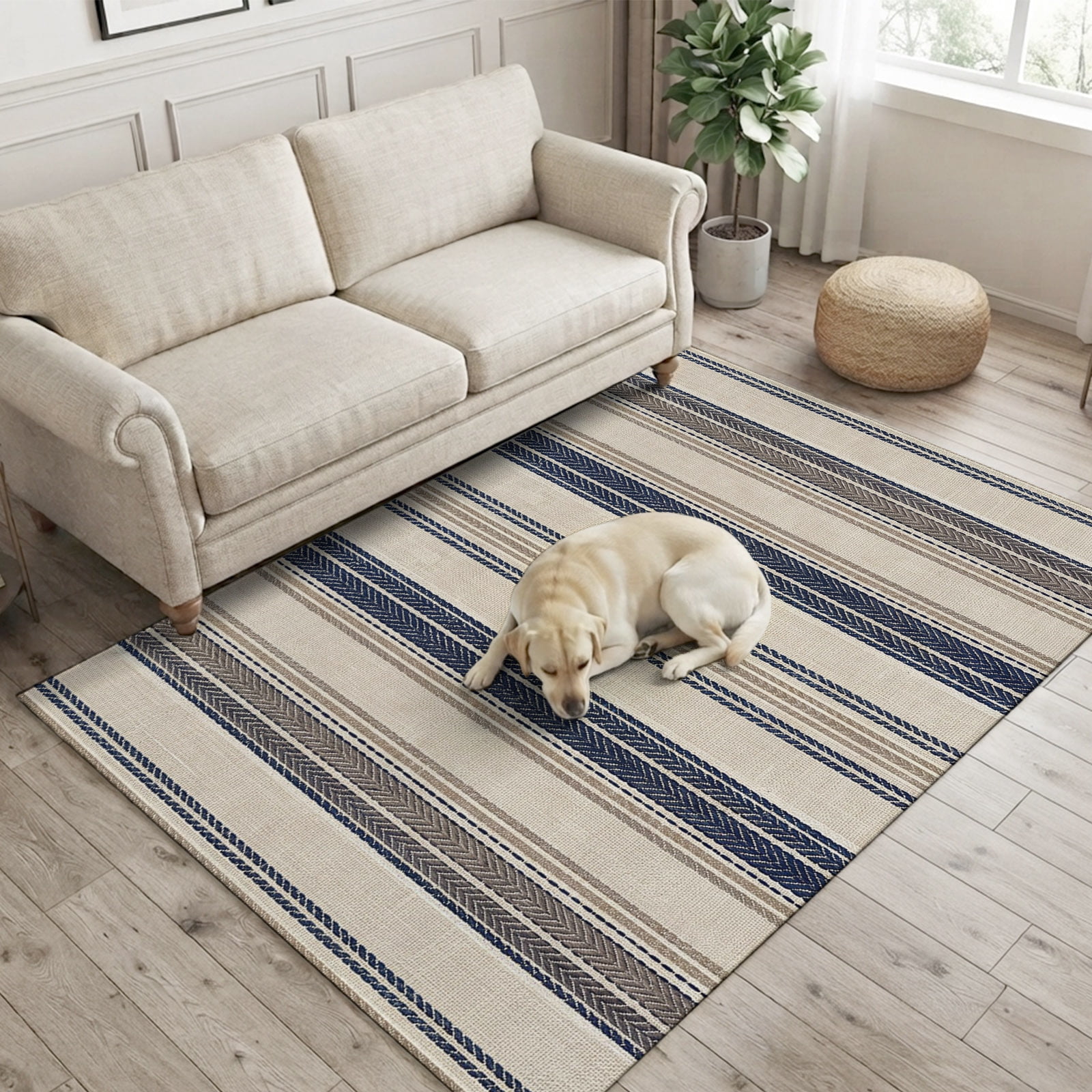 Vintage Striped Washable Area Rug 4x6 Blue and Grey Vertical Stripes ...