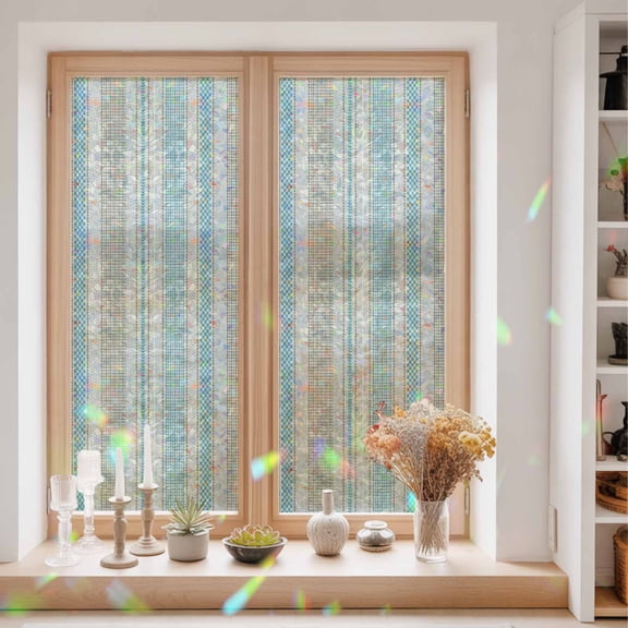 Vintage Striped Window Privacy Film Teal Brown Vertical Ticking Stripes French Country Static Cling Stained Glass Window Film Non-Adhesive Decorative Decals Rainbow Sticker 23.6"X59"